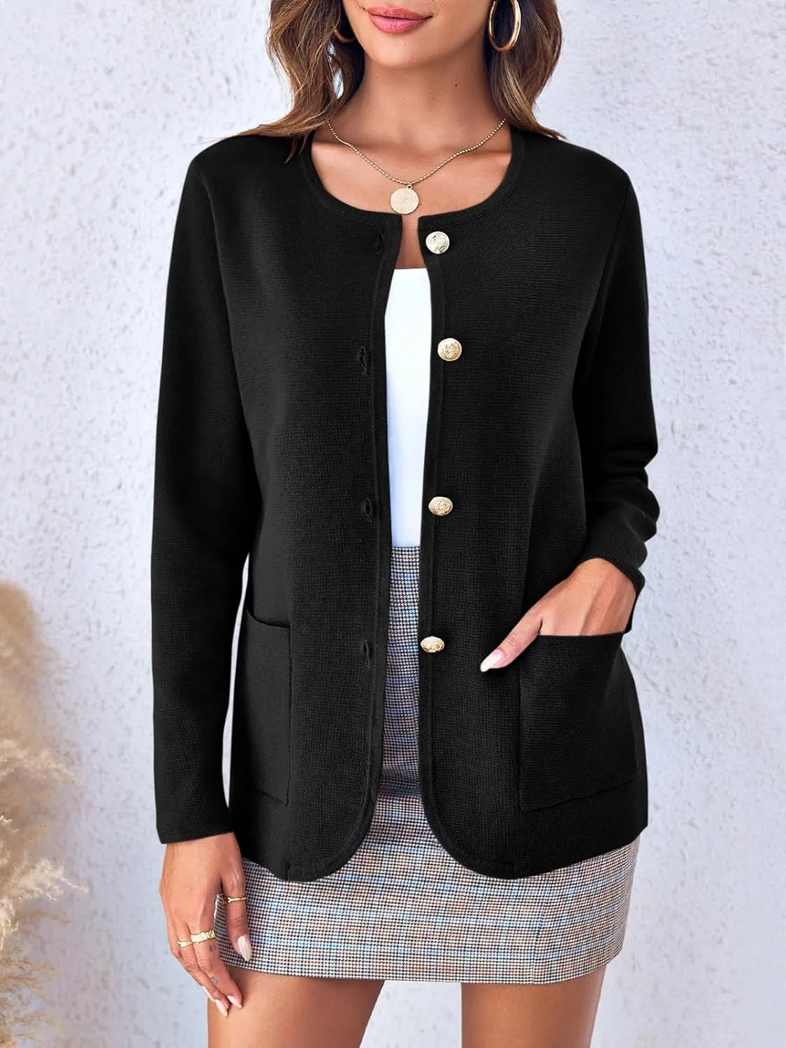 Langwyqu Womens Crew Neck Button Down Cardigan Sweaters Blazer Casual Long Sleeve Knit Solid Sweater with Pockets