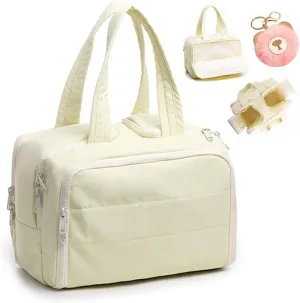 Large Capacity Wide-Open Travel Cosmetic Bag, Waterproof Makeup Organizer with 4 Compartments, Open Flat Makeup Bag for Women, Portable Toiletry Pouch for Travel Essentials (Beige)
