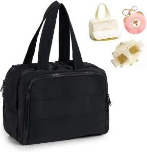 Large Capacity Wide-Open Travel Cosmetic Bag, Waterproof Makeup Organizer with 4 Compartments, Open Flat Makeup Bag for Women, Portable Toiletry Pouch for Travel Essentials (Black)