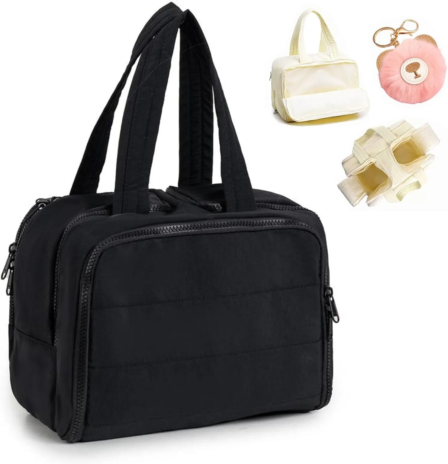 Large Capacity Wide-Open Travel Cosmetic Bag, Waterproof Makeup Organizer with 4 Compartments, Open Flat Makeup Bag for Women, Portable Toiletry Pouch for Travel Essentials (Black)