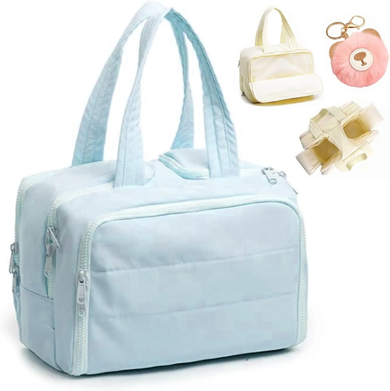Large Capacity Wide-Open Travel Cosmetic Bag, Waterproof Makeup Organizer with 4 Compartments, Open Flat Makeup Bag for Women, Portable Toiletry Pouch for Travel Essentials (Blue)