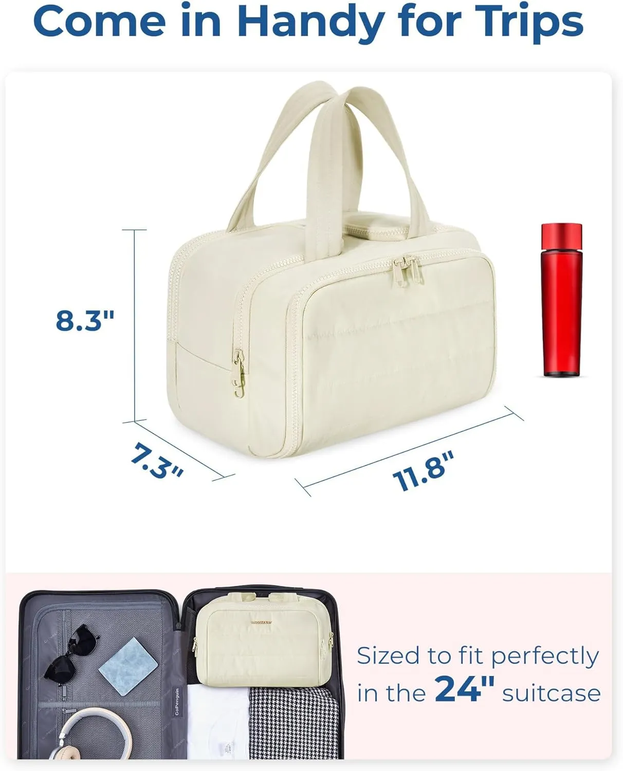 Large Capacity Wide-Open Travel Cosmetic Bag, Waterproof Makeup Organizer with 4 Compartments, Open Flat Makeup Bag for Women, Portable Toiletry Pouch for Travel Essentials (Grey)