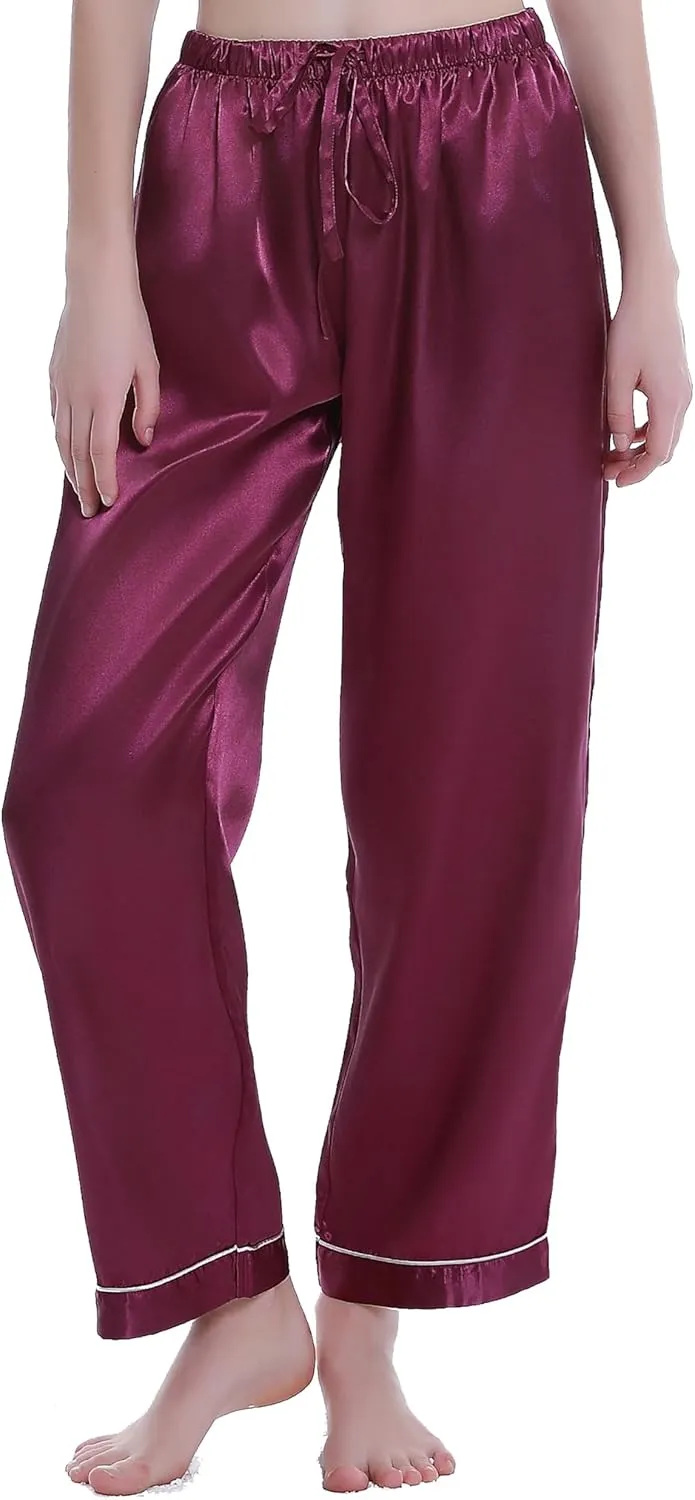 Lavenderi Women's Silk Satin Pajama Pants, Long Sleep Pants with Drawstring