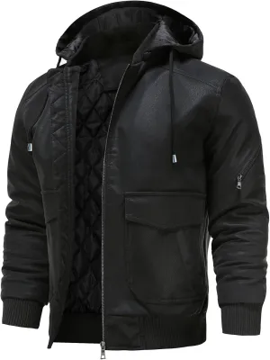 Leather Jackets for Men,Stand Collar Zip Up Motorcycle Biker Bomber Jacket With Removable Hood