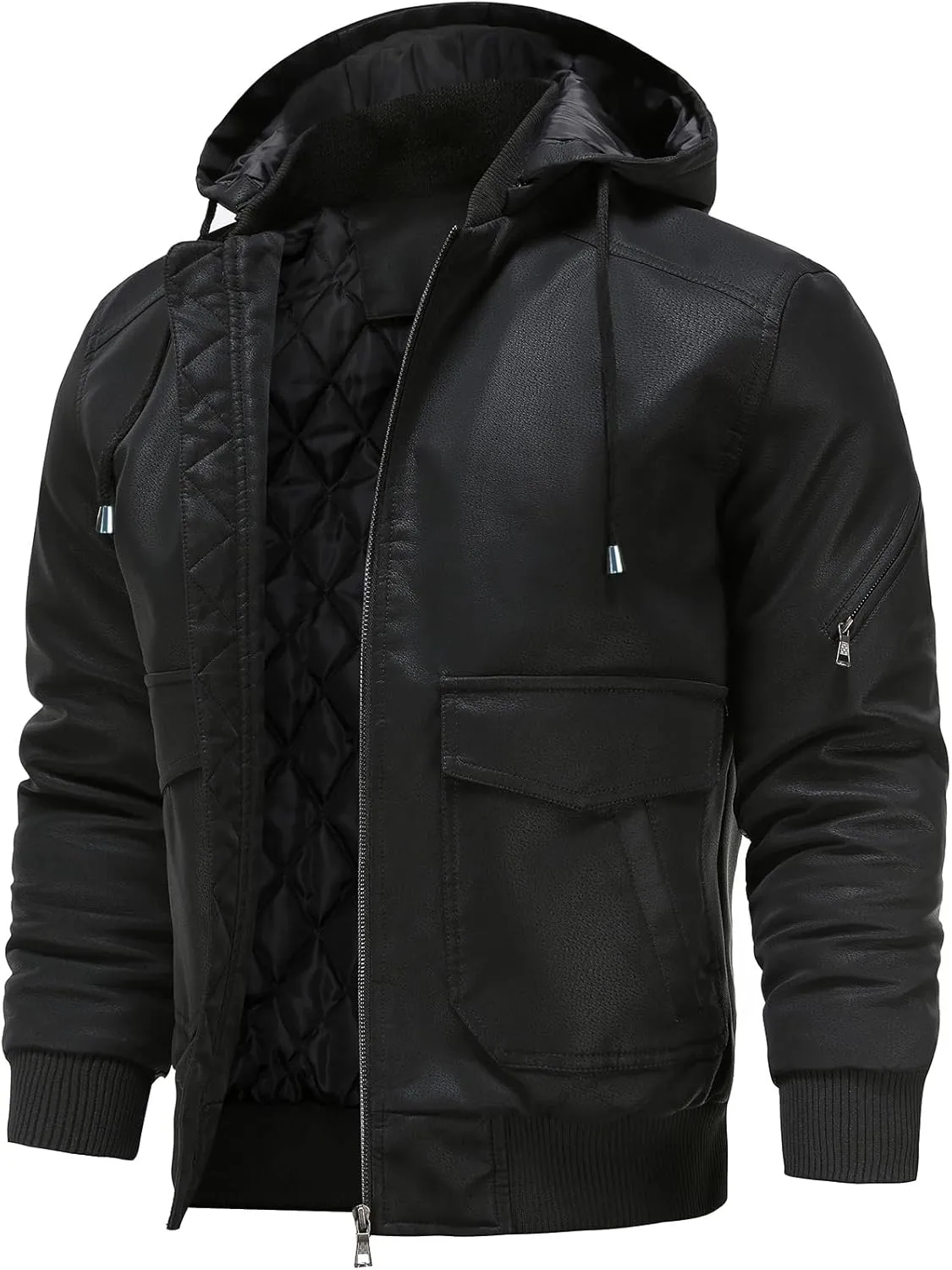 Leather Jackets for Men,Stand Collar Zip Up Motorcycle Biker Bomber Jacket With Removable Hood