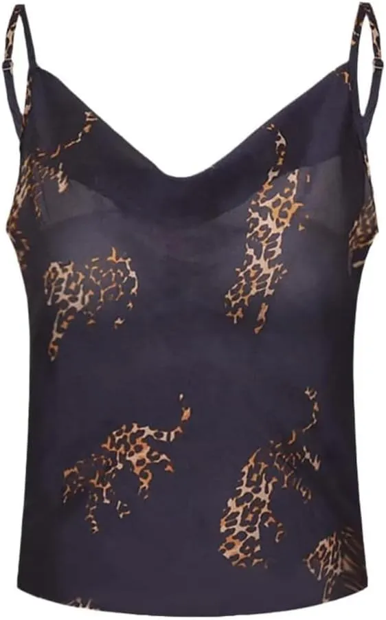 Leopard Print Satin Camisole Lace-Up Cropped Vintage Top for Women