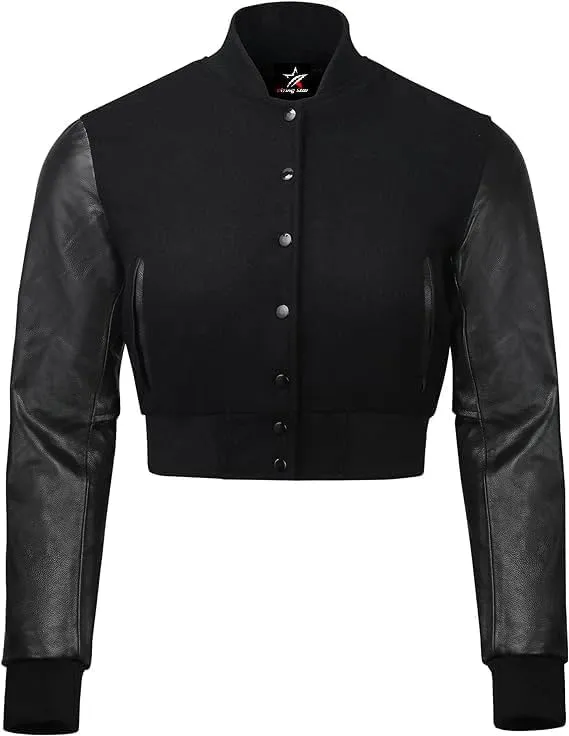 Letterman Premium Cropped Varsity Jacket, Leather and Wool, Baseball Style, Women's Long Sleeve