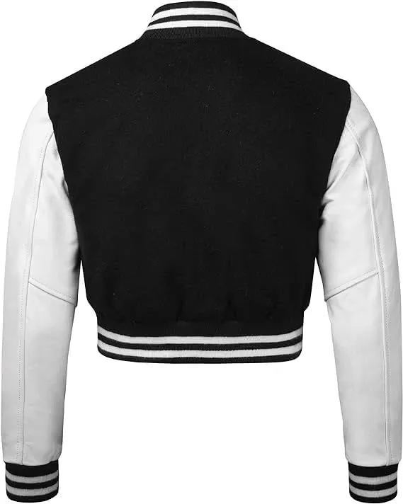 Letterman Premium Cropped Varsity Jacket, Leather and Wool, Baseball Style, Women's Long Sleeve
