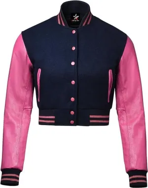 Letterman Premium Cropped Varsity Jacket, Leather and Wool, Baseball Style, Women's Long Sleeve