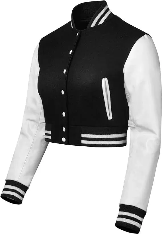 Letterman Premium Cropped Varsity Jacket, Leather and Wool, Baseball Style, Women's Long Sleeve