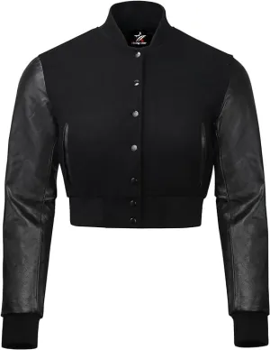 Letterman Premium Cropped Varsity Jacket, Leather and Wool, Baseball Style, Women's Long Sleeve