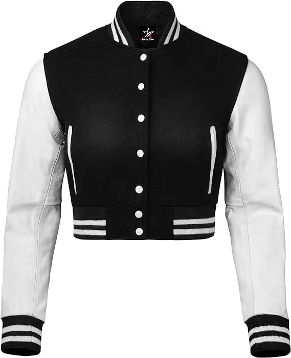 Letterman Premium Cropped Varsity Jacket, Leather and Wool, Baseball Style, Women's Long Sleeve
