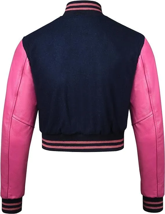 Letterman Premium Cropped Varsity Jacket, Leather and Wool, Baseball Style, Women's Long Sleeve