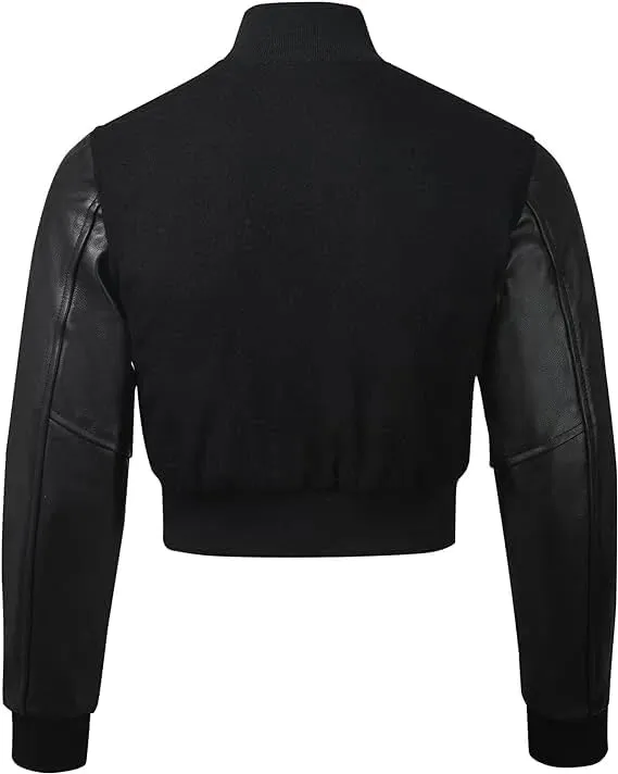 Letterman Premium Cropped Varsity Jacket, Leather and Wool, Baseball Style, Women's Long Sleeve