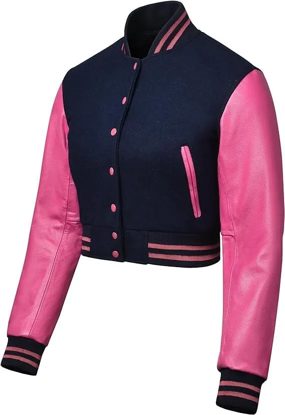 Letterman Premium Cropped Varsity Jacket, Leather and Wool, Baseball Style, Women's Long Sleeve