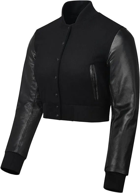 Letterman Premium Cropped Varsity Jacket, Leather and Wool, Baseball Style, Women's Long Sleeve