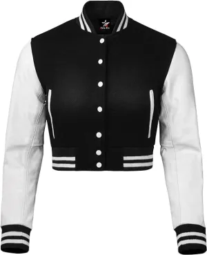 Letterman Premium Cropped Varsity Jacket, Leather and Wool, Baseball Style, Women's Long Sleeve