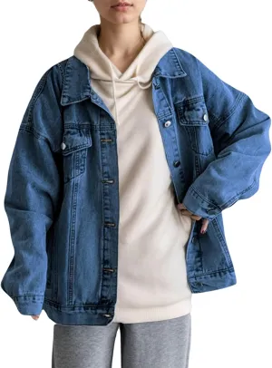 LifeShe Oversized Denim Jacket Women Boyfriend Long Jean Jacket Fall Loose Shacket Trucker Coats