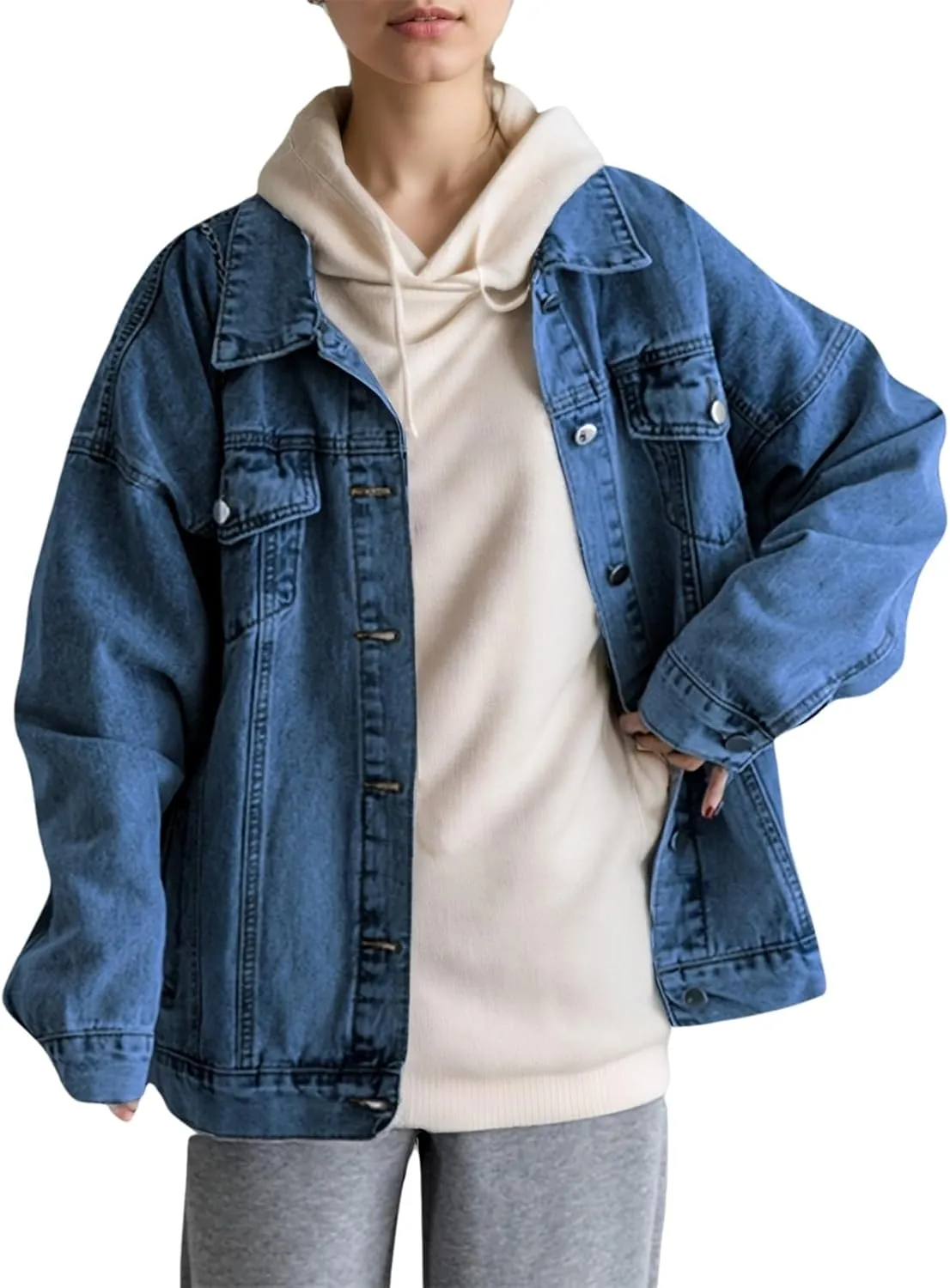 LifeShe Oversized Denim Jacket Women Boyfriend Long Jean Jacket Fall Loose Shacket Trucker Coats