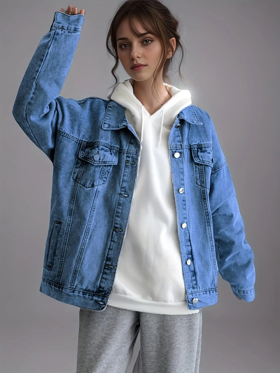 LifeShe Oversized Denim Jacket Women Boyfriend Long Jean Jacket Fall Loose Shacket Trucker Coats