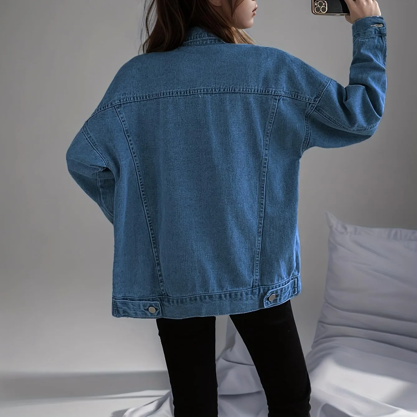 LifeShe Oversized Denim Jacket Women Boyfriend Long Jean Jacket Fall Loose Shacket Trucker Coats
