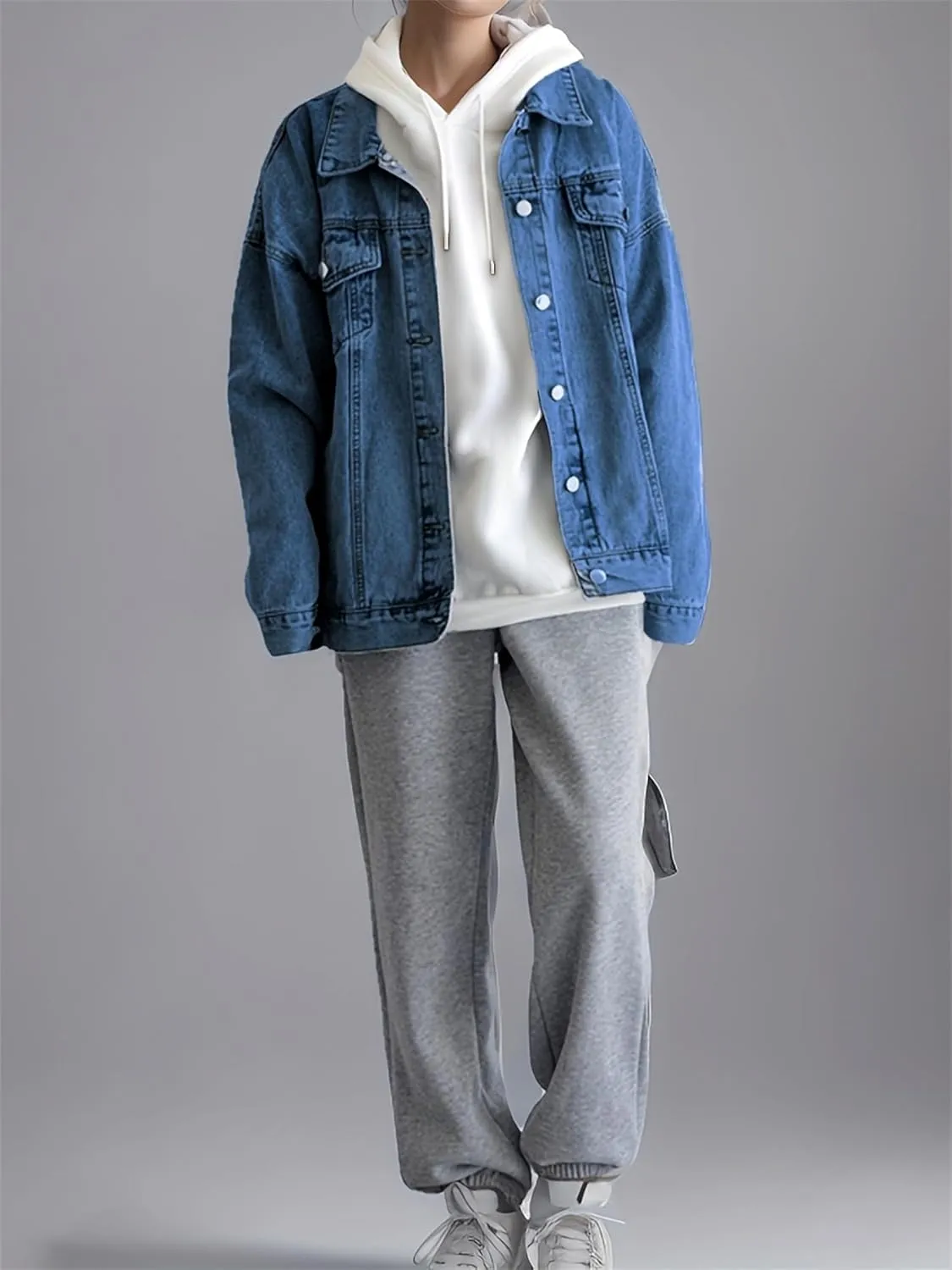 LifeShe Oversized Denim Jacket Women Boyfriend Long Jean Jacket Fall Loose Shacket Trucker Coats