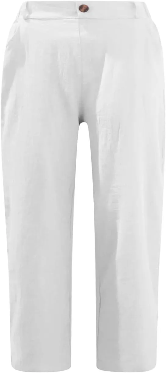 Linen Capri Pants for Women Casual Summer High Waist Wide Leg Cropped Lounge Pant Trousers Beach Vacation Outfits