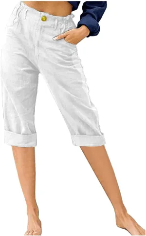 Linen Capri Pants for Women Casual Summer High Waist Wide Leg Cropped Lounge Pant Trousers Beach Vacation Outfits