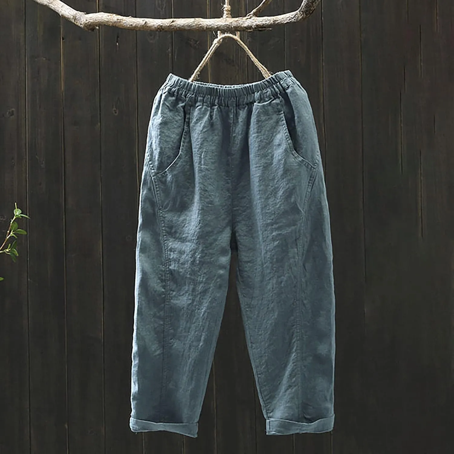 Linen Capri Pants for Women Elatic High Waisted Casual Loose Tapered Trousers Summer Beach Outdoor Sweatpants with Pockets
