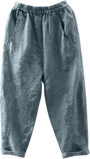 Linen Capri Pants for Women Elatic High Waisted Casual Loose Tapered Trousers Summer Beach Outdoor Sweatpants with Pockets