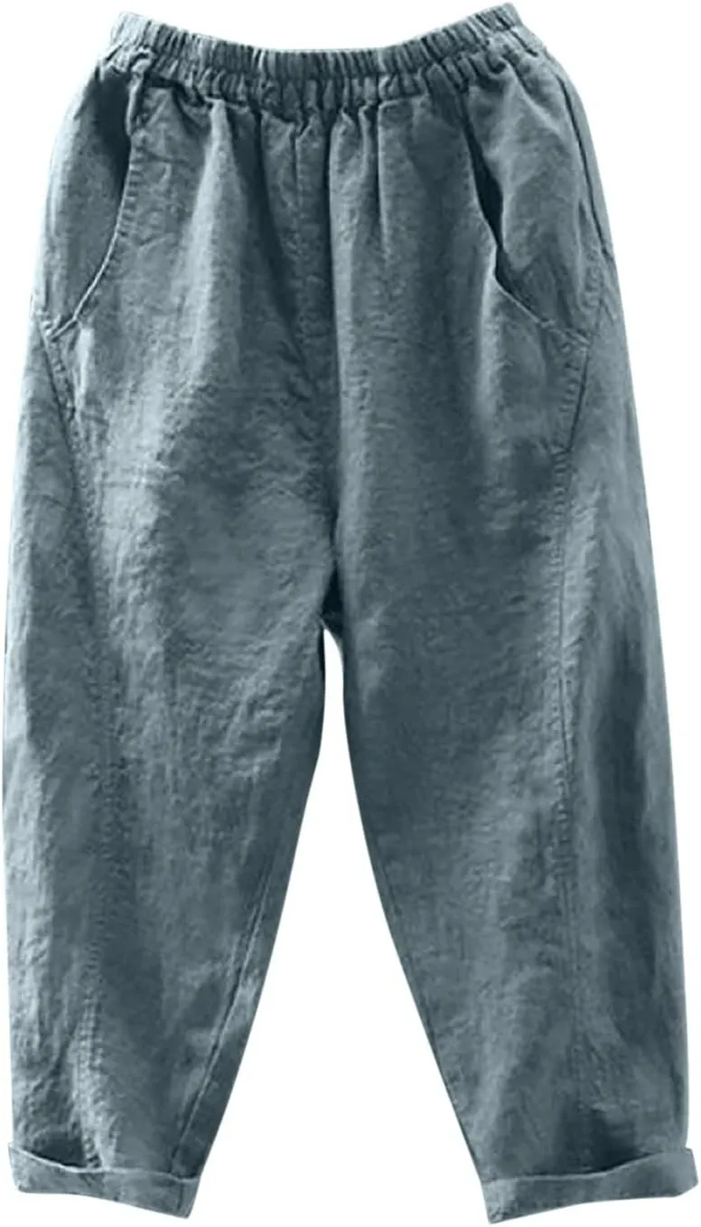 Linen Capri Pants for Women Elatic High Waisted Casual Loose Tapered Trousers Summer Beach Outdoor Sweatpants with Pockets