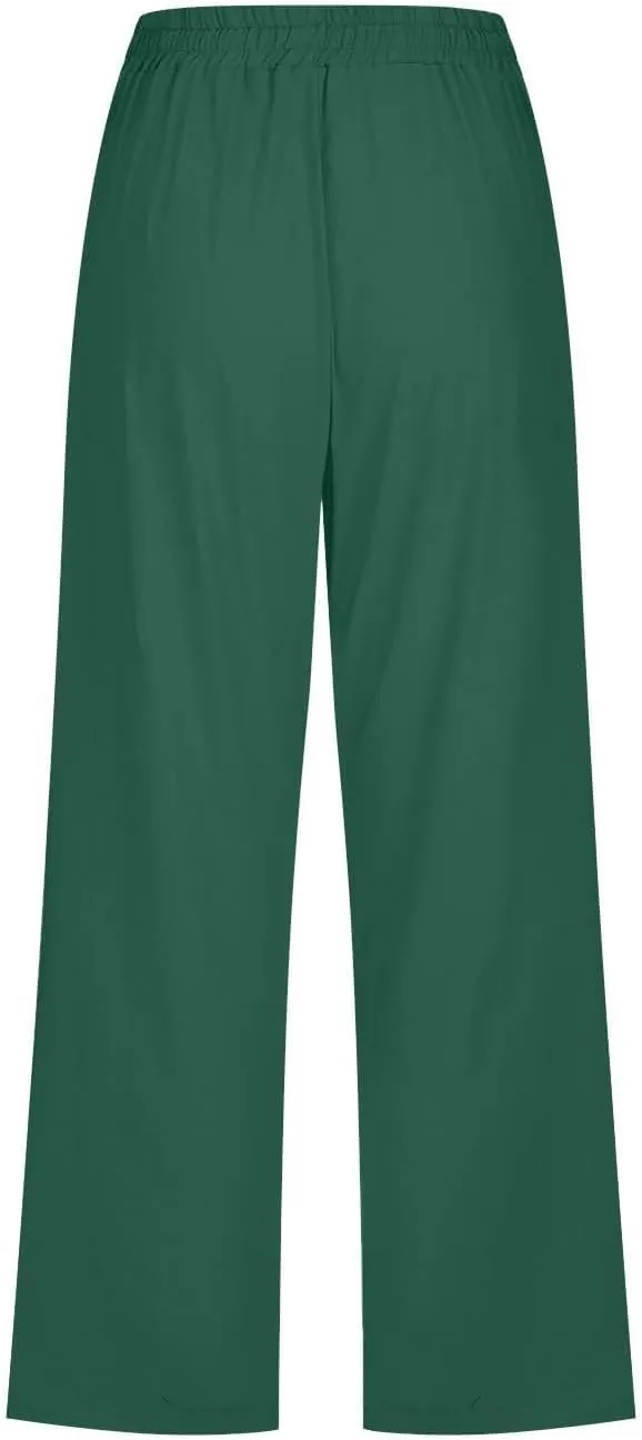 Linen Capri Pants for Women High Waisted Wide Leg Linen Palazzo Trousers with Pockets Drawstring Loose Flowy Pants