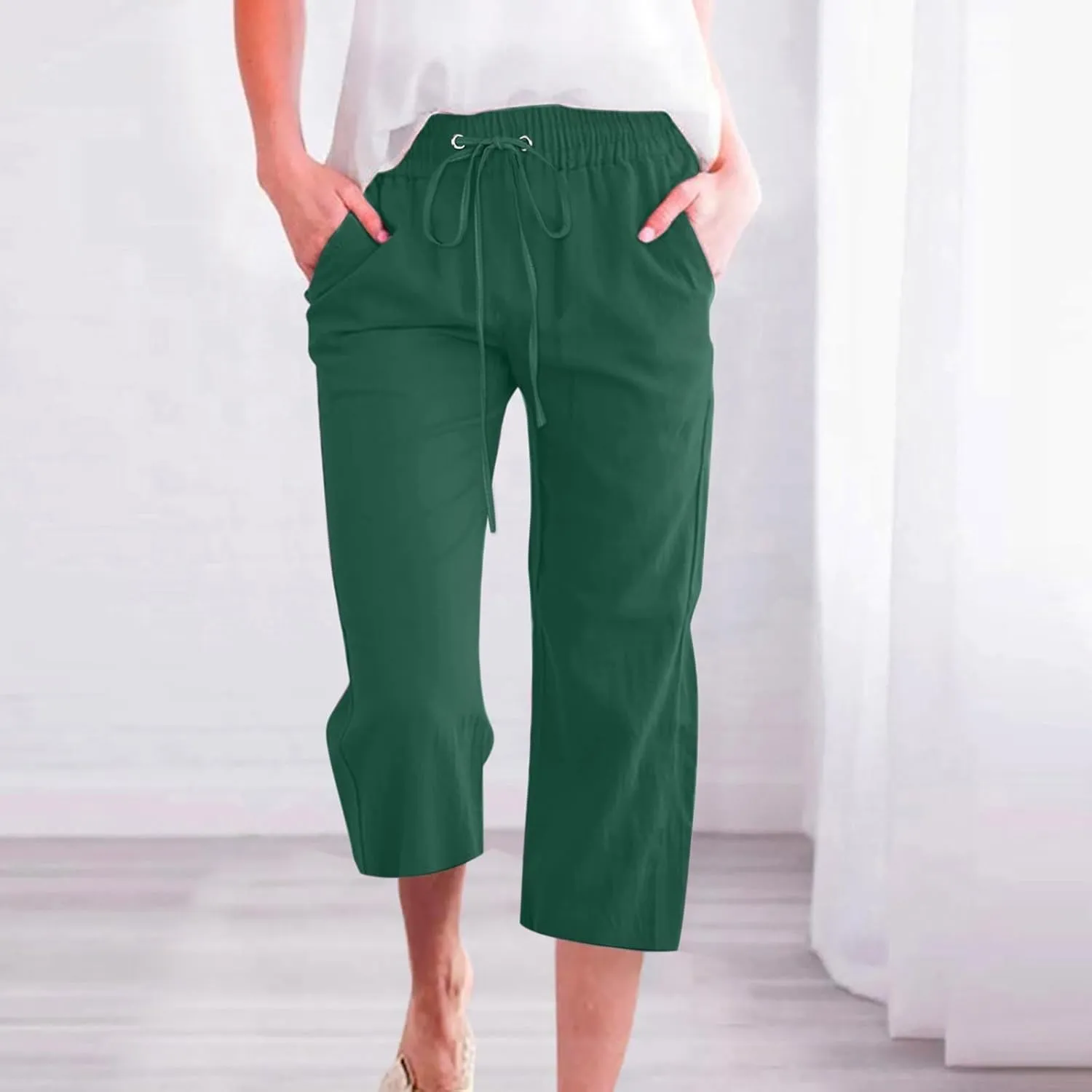 Linen Capri Pants for Women High Waisted Wide Leg Linen Palazzo Trousers with Pockets Drawstring Loose Flowy Pants