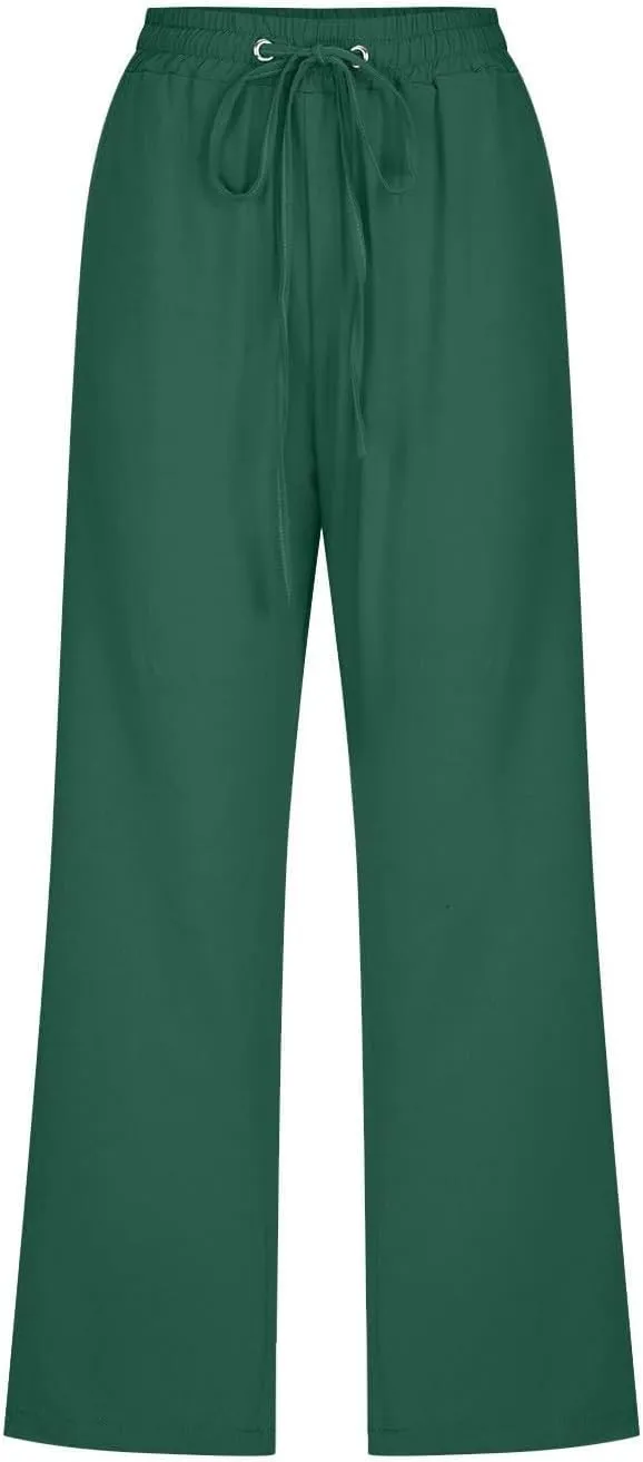 Linen Capri Pants for Women High Waisted Wide Leg Linen Palazzo Trousers with Pockets Drawstring Loose Flowy Pants