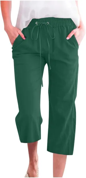 Linen Capri Pants for Women High Waisted Wide Leg Linen Palazzo Trousers with Pockets Drawstring Loose Flowy Pants