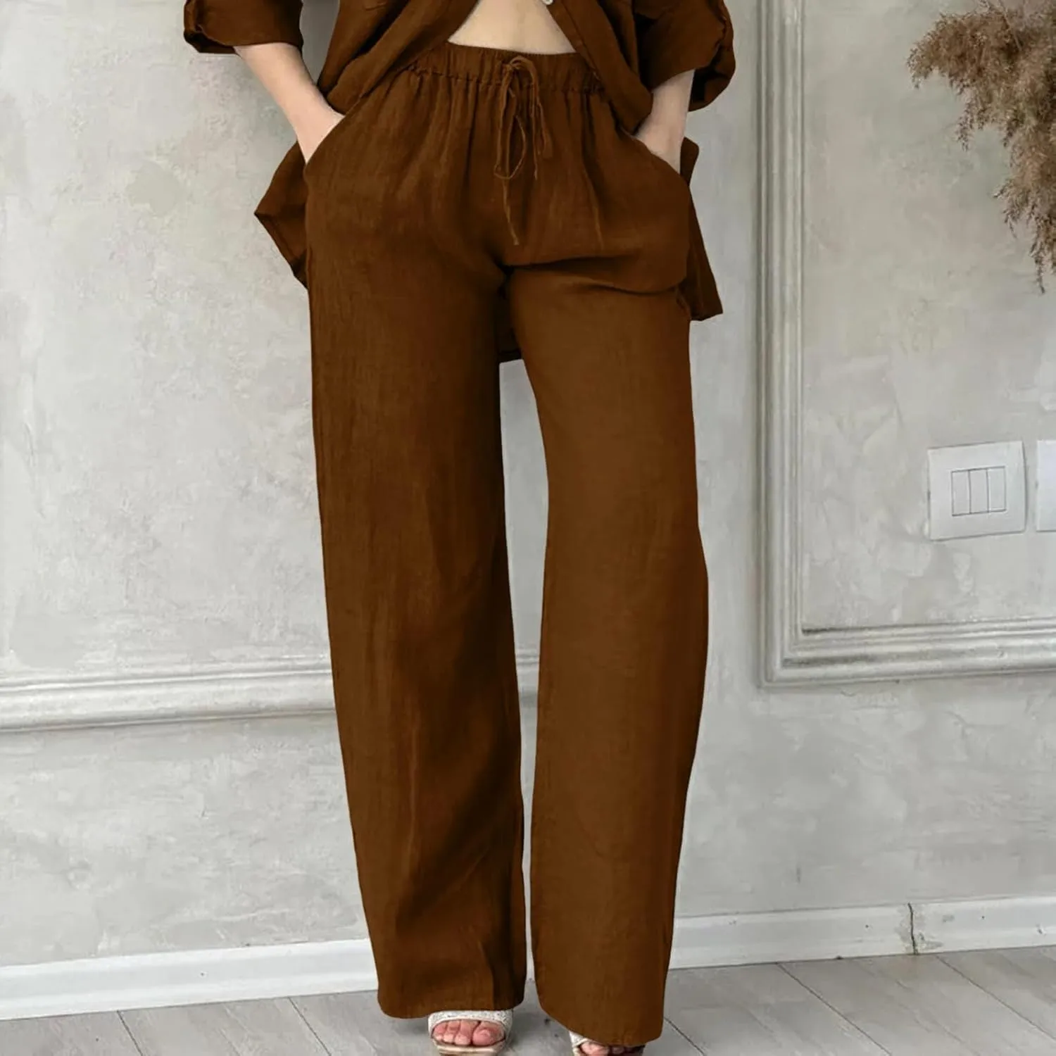 Linen Capri Pants for Women Summer 2025 Wide Leg Loose Drawstring Elastic Waist Cropped Trouser