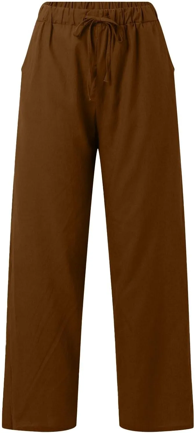 Linen Capri Pants for Women Summer 2025 Wide Leg Loose Drawstring Elastic Waist Cropped Trouser