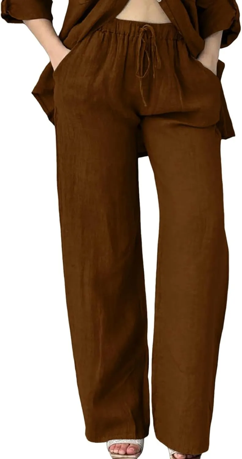 Linen Capri Pants for Women Summer 2025 Wide Leg Loose Drawstring Elastic Waist Cropped Trouser