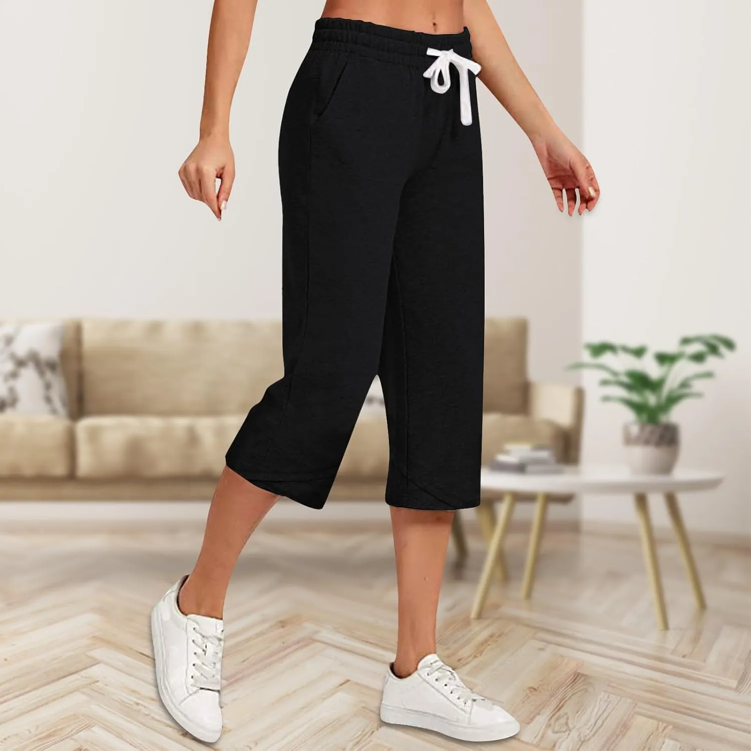 Linen Capri Pants Women Plus Size Elastic Waist Drawstring Wide Leg Cropped Lounge Trousers Summer Beach Pant Outfits