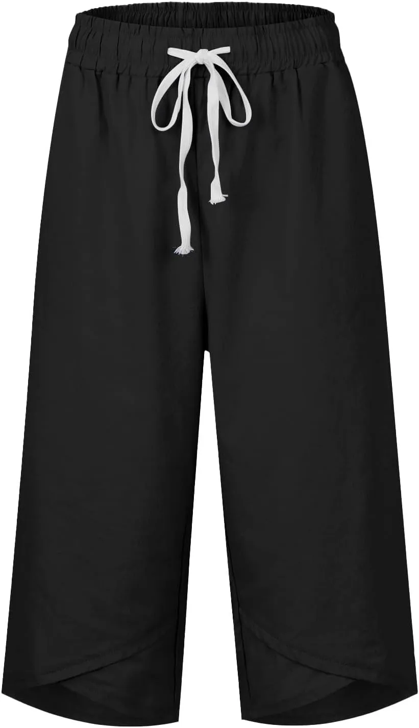 Linen Capri Pants Women Plus Size Elastic Waist Drawstring Wide Leg Cropped Lounge Trousers Summer Beach Pant Outfits