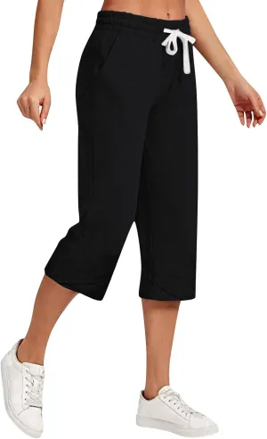 Linen Capri Pants Women Plus Size Elastic Waist Drawstring Wide Leg Cropped Lounge Trousers Summer Beach Pant Outfits