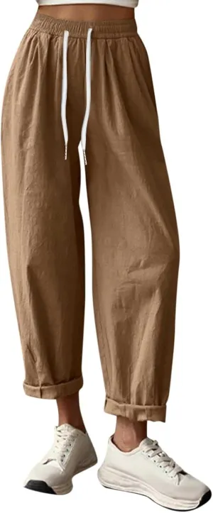 Linen Capri Pants Women Summer Wide Leg Cropped Pants Loose Cotton Ankle Trousers Elastic High Waist Workout Pants