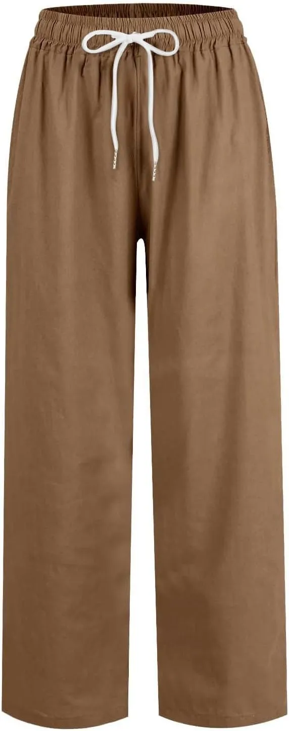 Linen Capri Pants Women Summer Wide Leg Cropped Pants Loose Cotton Ankle Trousers Elastic High Waist Workout Pants