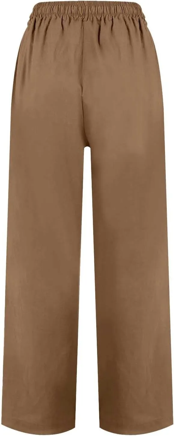 Linen Capri Pants Women Summer Wide Leg Cropped Pants Loose Cotton Ankle Trousers Elastic High Waist Workout Pants