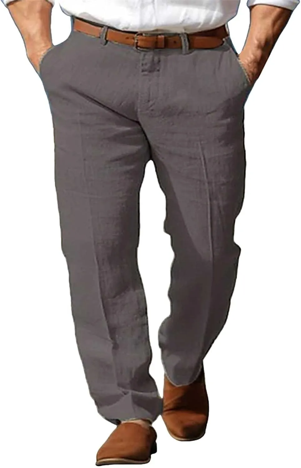 Linen Dress Pants Men Plain Vacation Casual Pants Lightweight Straight Leg Slacks Summer Outdoor Flat Front Trousers