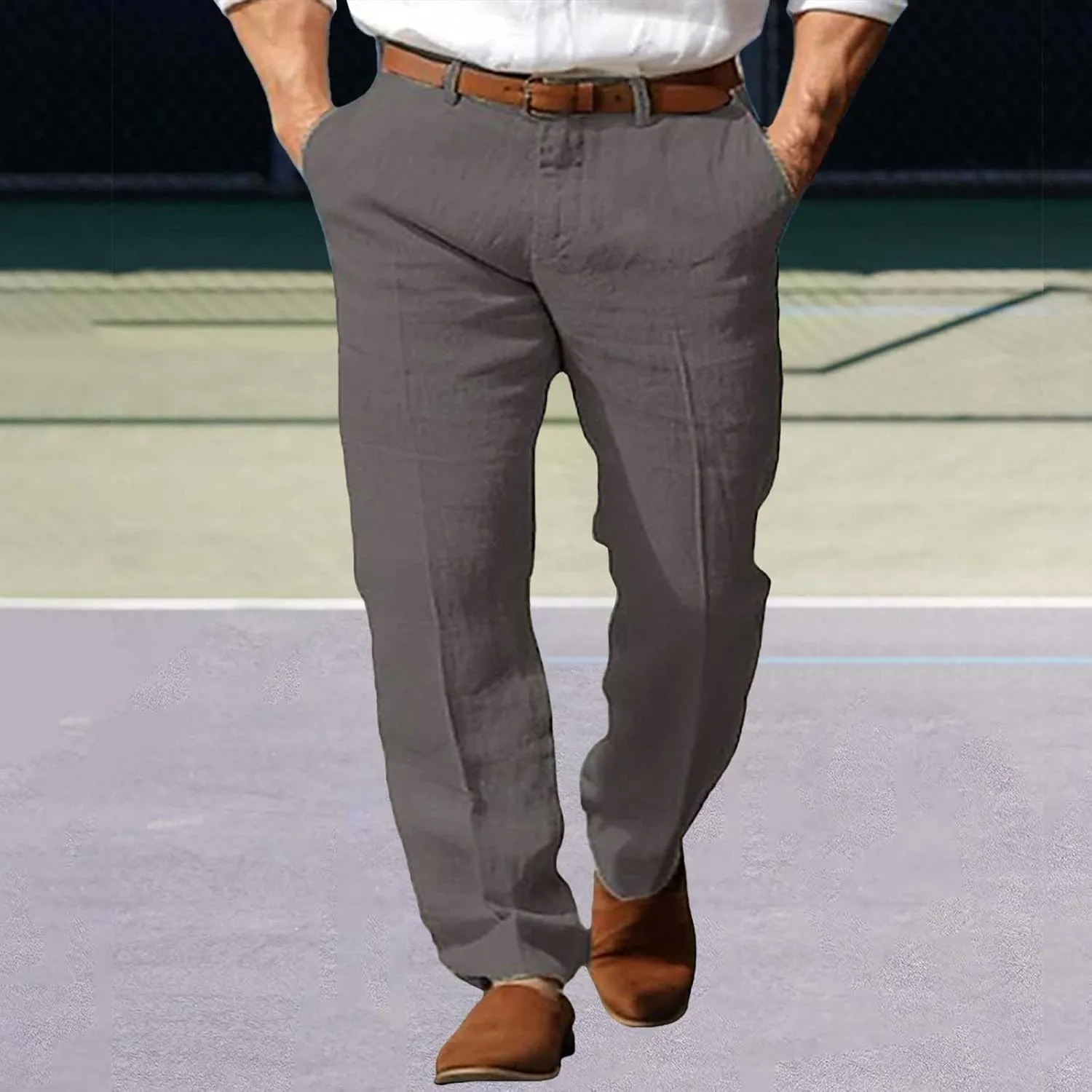 Linen Dress Pants Men Plain Vacation Casual Pants Lightweight Straight Leg Slacks Summer Outdoor Flat Front Trousers