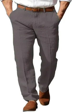 Linen Dress Pants Men Plain Vacation Casual Pants Lightweight Straight Leg Slacks Summer Outdoor Flat Front Trousers