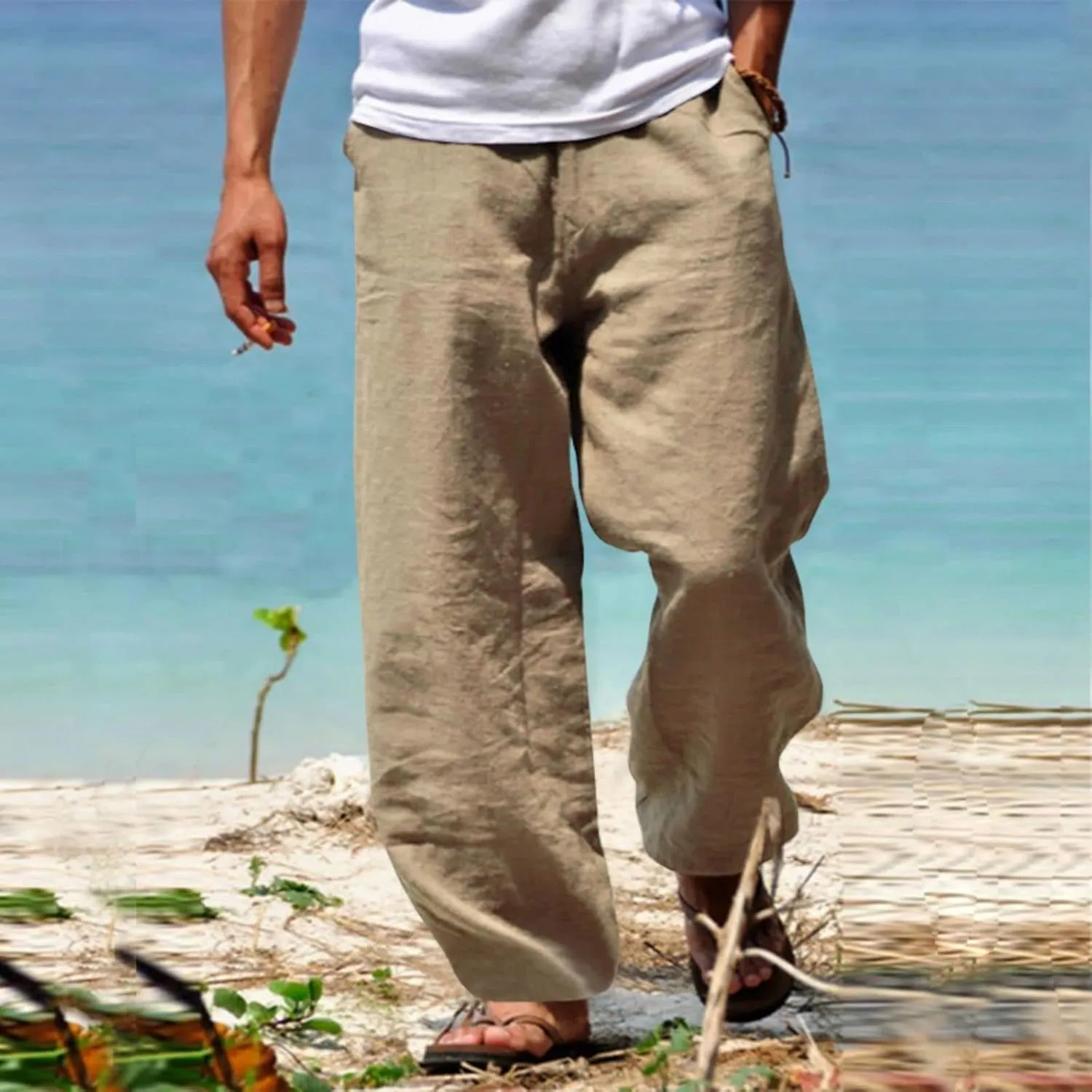 Linen Hip-Hop Pants for Men Cotton Linen Loose Casual Sports Pant Summer Beach Hawaiian Pants for Men