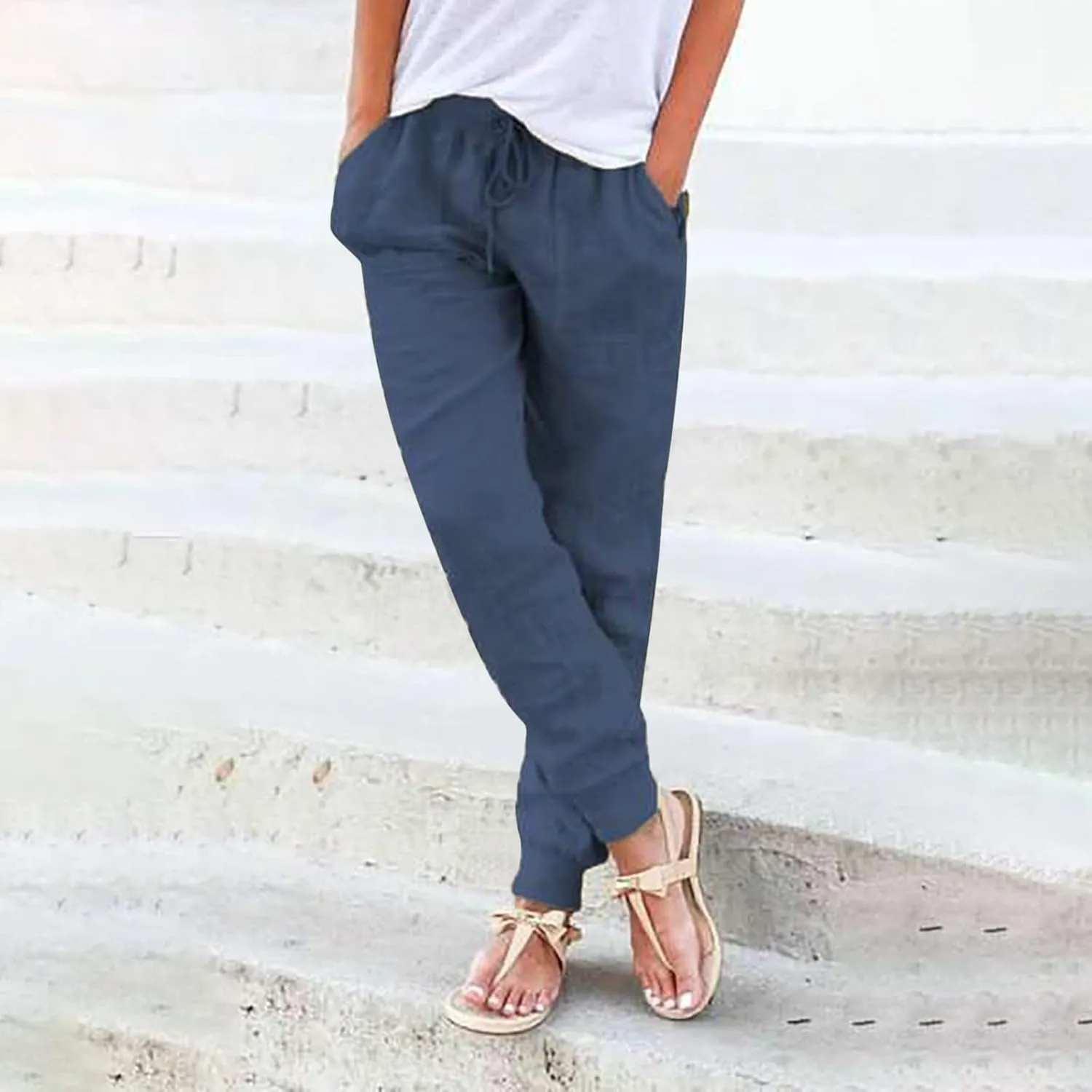 Linen Palazzo Pants for Women Casual High Waist Lightweight Summer Palazzo Trouser with Pockets Ladies Wide Leg Pants