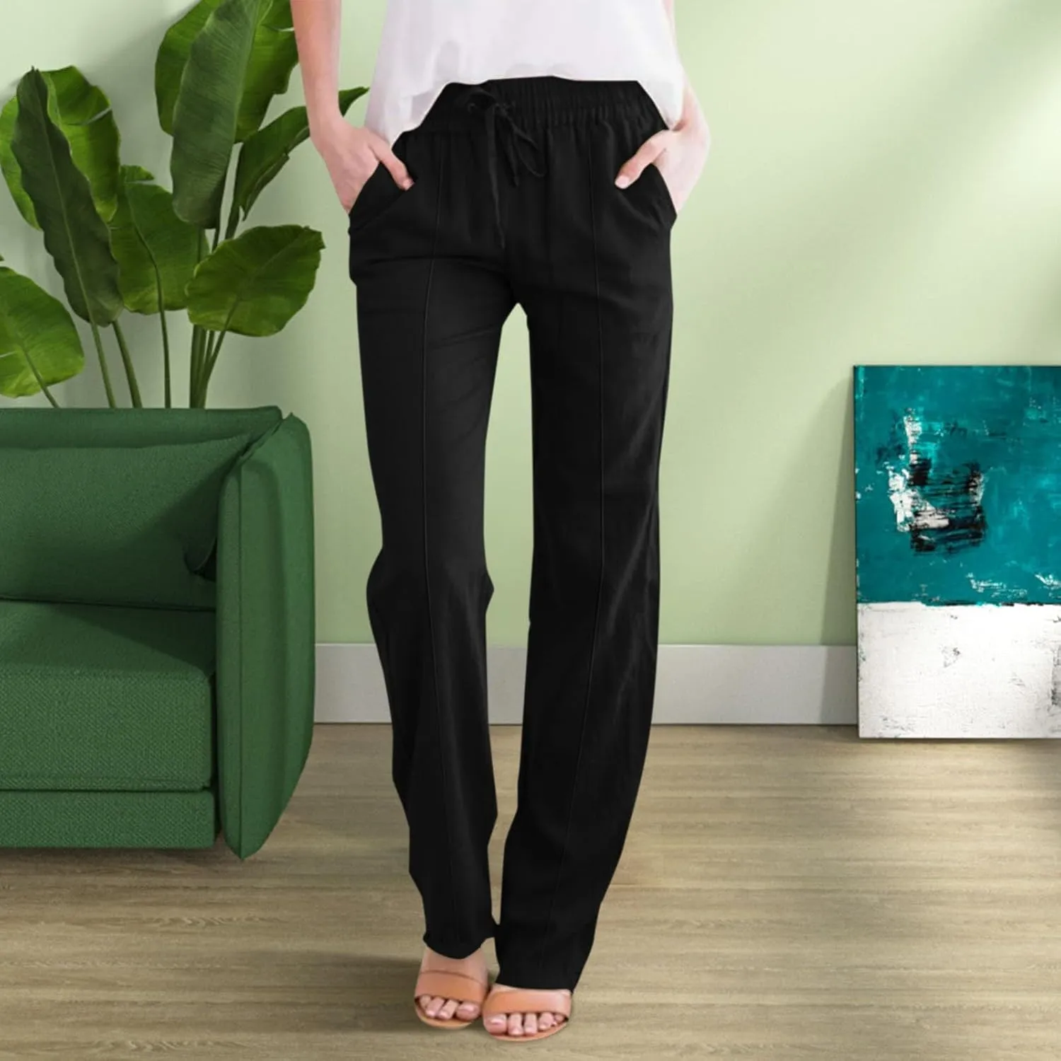 Linen Pants Capri Pants Cotton Linen High Waisted Trousers Casual Summer Lounge Trousers